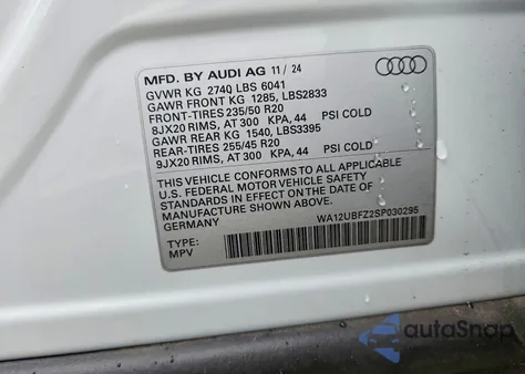2025 Audi Q4 E-Tron Sportback Premium из США, поврежденный, VIN WA12UBFZ2SP030295